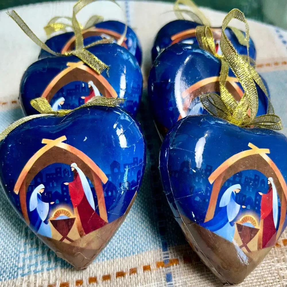 Set of 6 Heart-Shaped Nativity Ornaments – 3.5” Christmas Decor